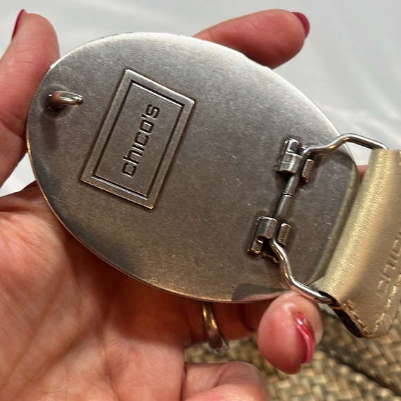 Chicos BLING beige white gem stone WIDE hook BELT beaded OVAL BUCKLE braided 41” - Picture 5 of 13